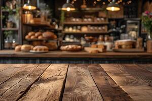 ai generato di legno tavolo con sfocato forno negozio arredamento sfondo, Pasticcino Paradiso foto