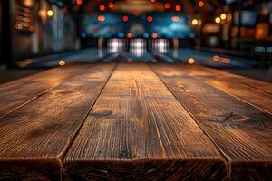 ai generato vuoto di legno tavolo con sfocato bowling vicolo sfondo foto