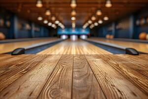 ai generato primo piano di legno tavolo, sfocato bowling vicolo atmosfera sfondo foto