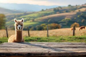 ai generato vuoto di legno tavolo con alpaca azienda agricola sfondo foto