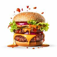 ai generato cibo per veloce cibo nel modulo di delizioso caldo fatti in casa hamburger con carne cotoletta e verdure foto