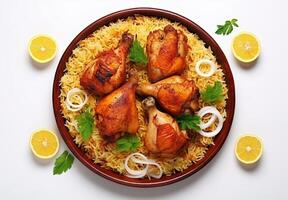 ai generato un' piatto di cibo con un' pollo e riso piatto su esso foto