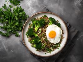 ai generato brunch o pranzo piatto con fiocchi d'avena pollo polpettone cetriolo e verde erbe aromatiche Salute cibo superiore Visualizza alto foto