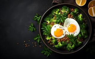 ai generato brunch o pranzo piatto con fiocchi d'avena pollo polpettone cetriolo e verde erbe aromatiche Salute cibo superiore Visualizza alto foto