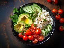 ai generato salmone colpire ciotola avocado ciliegia uovo e riso su buio sfondo con bastoncini foto