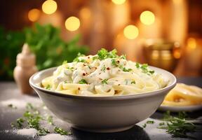 ai generato superiore Visualizza fettuccine con Alfredo salsa su bianca sfondo foto