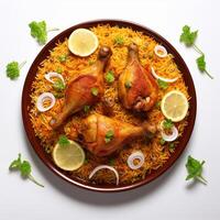 ai generato un' piatto di cibo con un' pollo e riso piatto su esso foto