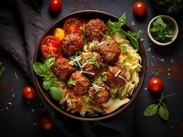 ai generato penne pasta con Polpette nel pomodoro salsa nel un' bianca ciotola foto