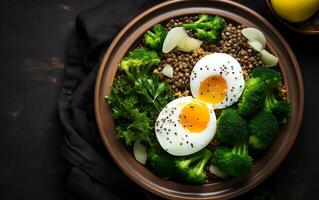 ai generato brunch o pranzo piatto con fiocchi d'avena pollo polpettone cetriolo e verde erbe aromatiche Salute cibo superiore Visualizza alto foto