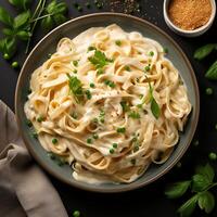 ai generato superiore Visualizza fettuccine con Alfredo salsa su bianca sfondo foto