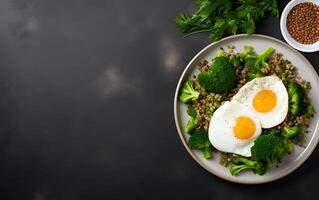 ai generato brunch o pranzo piatto con fiocchi d'avena pollo polpettone cetriolo e verde erbe aromatiche Salute cibo superiore Visualizza alto foto