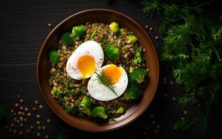 ai generato brunch o pranzo piatto con fiocchi d'avena pollo polpettone cetriolo e verde erbe aromatiche Salute cibo superiore Visualizza alto foto