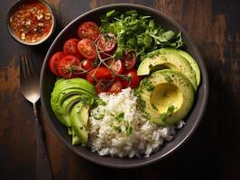 ai generato salmone colpire ciotola avocado ciliegia uovo e riso su buio sfondo con bastoncini foto