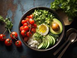 ai generato salmone colpire ciotola avocado ciliegia uovo e riso su buio sfondo con bastoncini foto