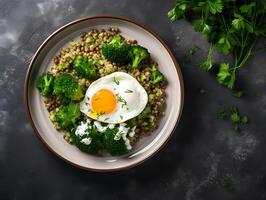 ai generato brunch o pranzo piatto con fiocchi d'avena pollo polpettone cetriolo e verde erbe aromatiche Salute cibo superiore Visualizza alto foto