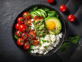 ai generato salmone colpire ciotola avocado ciliegia uovo e riso su buio sfondo con bastoncini foto