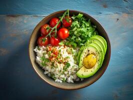 ai generato salmone colpire ciotola avocado ciliegia uovo e riso su buio sfondo con bastoncini foto