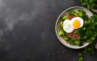 ai generato brunch o pranzo piatto con fiocchi d'avena pollo polpettone cetriolo e verde erbe aromatiche Salute cibo superiore Visualizza alto foto