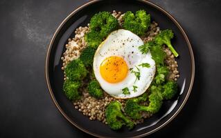 ai generato brunch o pranzo piatto con fiocchi d'avena pollo polpettone cetriolo e verde erbe aromatiche Salute cibo superiore Visualizza alto foto