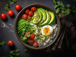 ai generato salmone colpire ciotola avocado ciliegia uovo e riso su buio sfondo con bastoncini foto