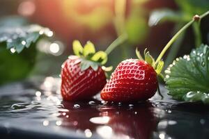 ai generato avvicinamento fragola dopo pioggia nel giardino di ai generativo foto