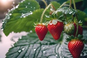 ai generato avvicinamento fragola dopo pioggia nel giardino di ai generativo foto