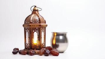 ai generato Ramadan kareem, Ramadan lanterna con date e noccioline su bianca sfondo foto