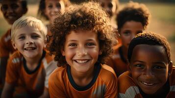 ai generato ritratto di un' gruppo di contento bambini calcio Giocatori foto