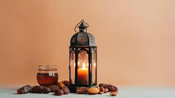 ai generato islamico lanterna con date frutta Ramadan kareem sfondo foto