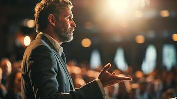 ai generato altoparlante dando un' parlare a attività commerciale conferenza. pubblico nel il conferenza sala. attività commerciale e imprenditoria. foto