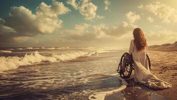 ai generato giovane donna nel un' sedia a rotelle su il spiaggia a tramonto. lato Visualizza. foto