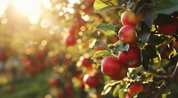ai generato maturo rosso mele su Mela albero ramo nel frutteto a tramonto foto