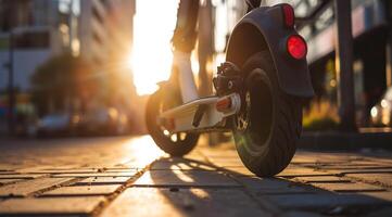 ai generato giovane uomo equitazione un' calcio scooter su il strada a tramonto. foto