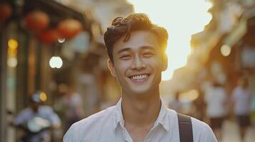 ai generato ritratto di un' sorridente giovane uomo a piedi nel il strada a tramonto foto