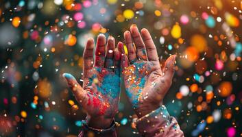 ai generato mani coperto nel colorato dipingere. holi Festival. India. foto