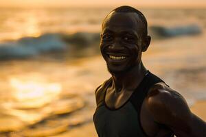 ai generato ritratto di contento africano americano uomo sorridente e guardare a telecamera mentre in piedi su spiaggia a sunse foto