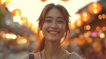 ai generato ritratto di un' bellissimo asiatico donna sorridente a il telecamera mentre a piedi nel il strada foto