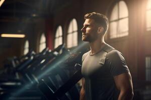 ai generato un' forte uomo sportivo nel palestra. fitness club, sport vita stile bandiera con forte maschio e copia spazio per testo foto