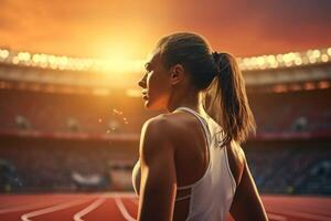 ai generato un' giovane bella sportivo donna fare mattina allungare allenarsi a stadio. sport e salutare stile di vita. copia spazio bandiera foto