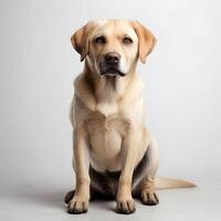 ai generato un' giallo labrador cane seduta giù su un' bianca sfondo foto