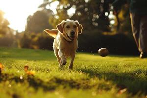 ai generato un' amichevole cane felicemente giochi andare a prendere con suo proprietario nel un' lussureggiante verde parco, amicizia con animali foto