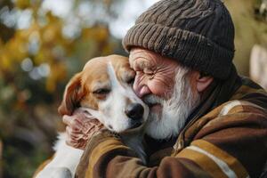 ai generato un' ritratto di un' contento anziano più vecchio con un' cane, il anziano con animale domestico foto