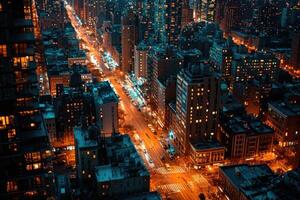 ai generato aereo Visualizza di un' città strada a notte volta, lungo esposizione di il auto luci foto