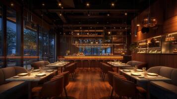 ai generato un' moderno ristorante interno progettato per perspicace palati e un elevato cenare atmosfera. foto