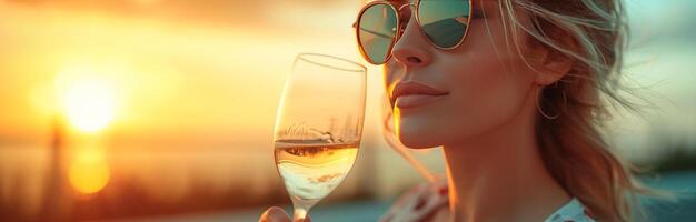 ai generato bellissimo donna nel occhiali da sole potabile vino a tramonto foto