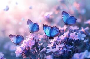 ai generato un Immagine con blu farfalle volante al di sopra di viola fiori foto