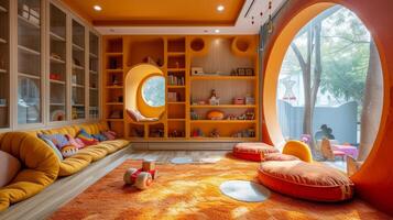 ai generato moderno fantasyland. un' elegante, incentrato sul bambino camera progettato per apprendimento, giocando, e sognare foto