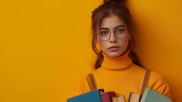 ai generato minimalista vivido pubblicità sfondo con bello ragazza con libri e copia spazio foto