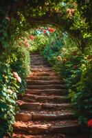 ai generato romantico scappatella nel un' lussureggiante giardino, ideale per a tema amoroso pubblicità foto
