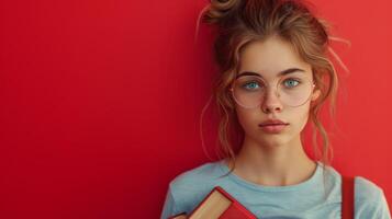 ai generato minimalista vivido pubblicità sfondo con bello ragazza con libri e copia spazio foto